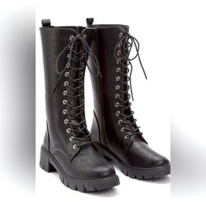 Black Lug Sole Lace Up Knee High Boots
